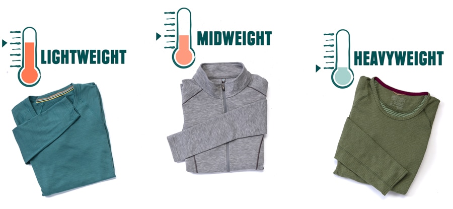 examples of lightweight, midweight, and heavyweight baselayers